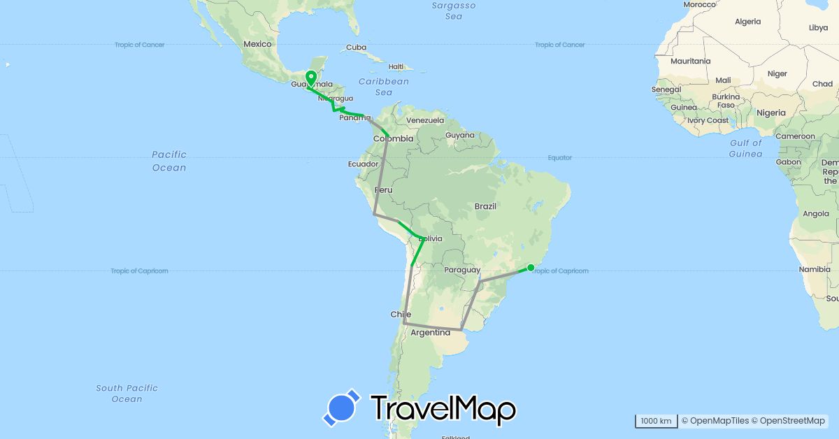 TravelMap itinerary: driving, bus, plane in Argentina, Bolivia, Brazil, Chile, Colombia, Costa Rica, Guatemala, Nicaragua, Panama, Peru (North America, South America)